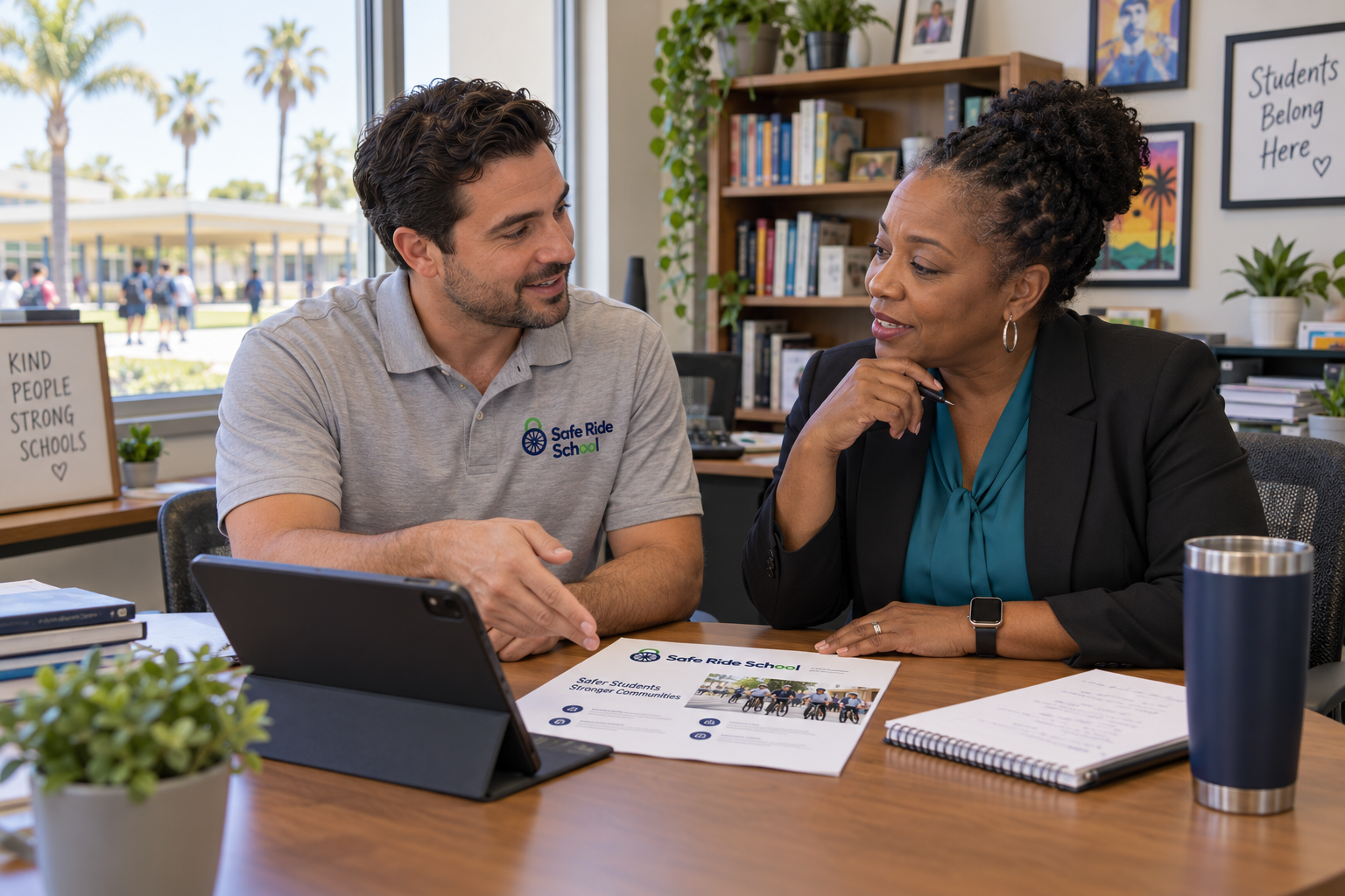 A Safe Ride School team member and a school principal reviewing the e-bike program plan at a desk
