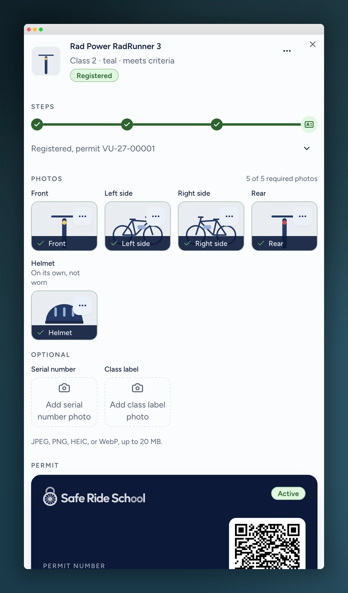 Registered e-bike record with required bike and helmet photos, completion status, and permit