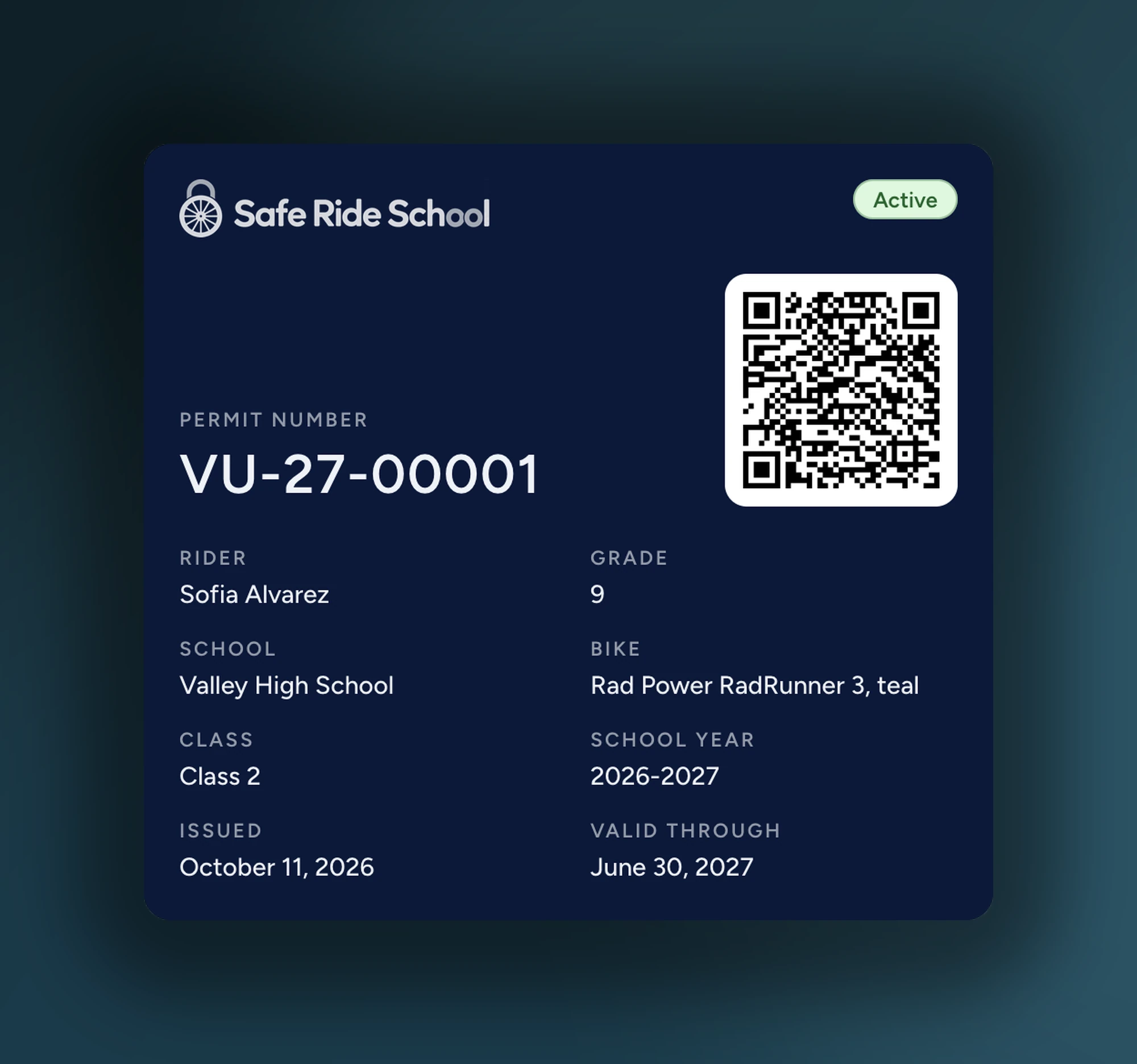Sample active digital bike permit with a QR code, rider details, school, bike class, and validity dates