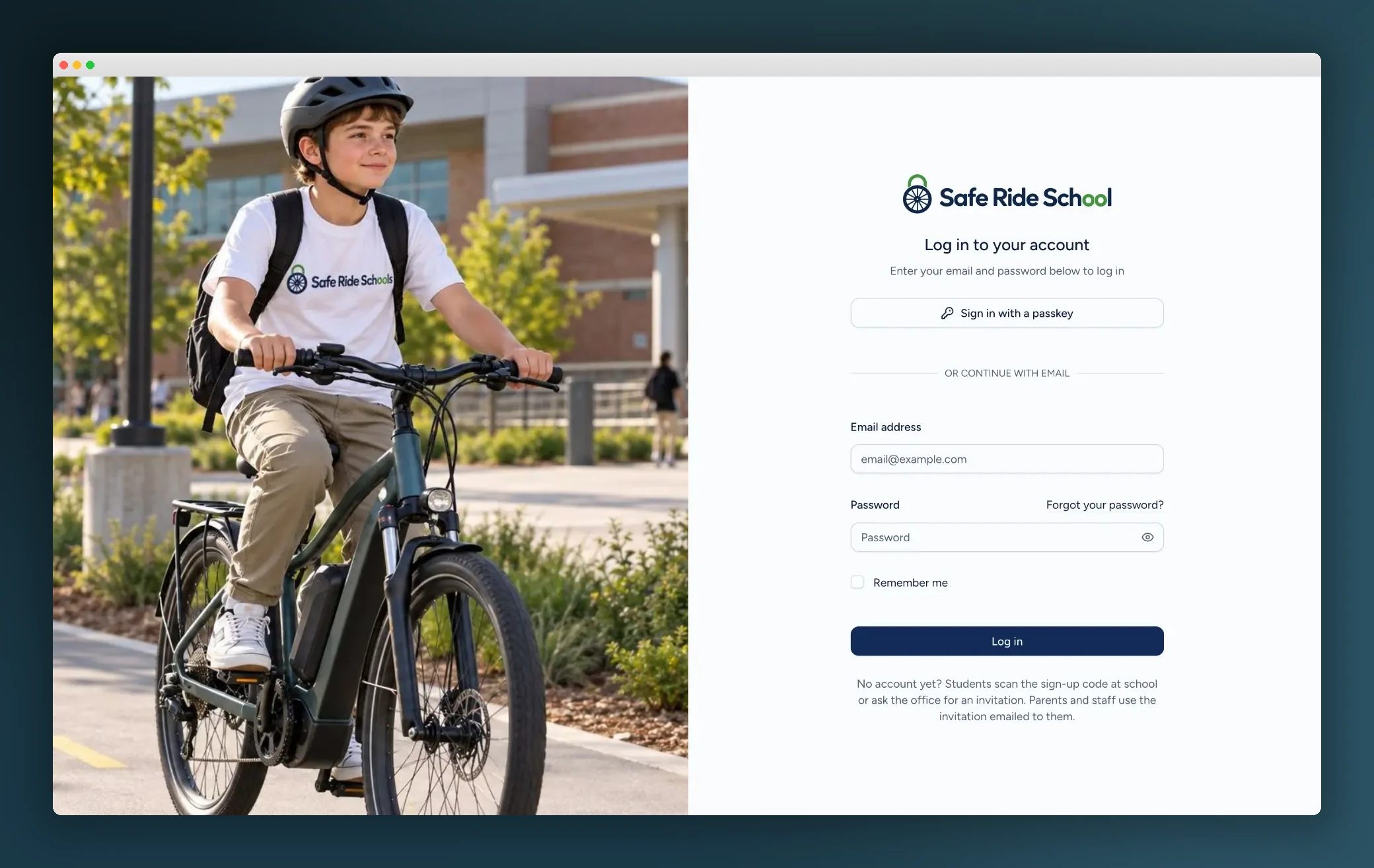 Safe Ride School sign-in page beside a helmeted student on an e-bike