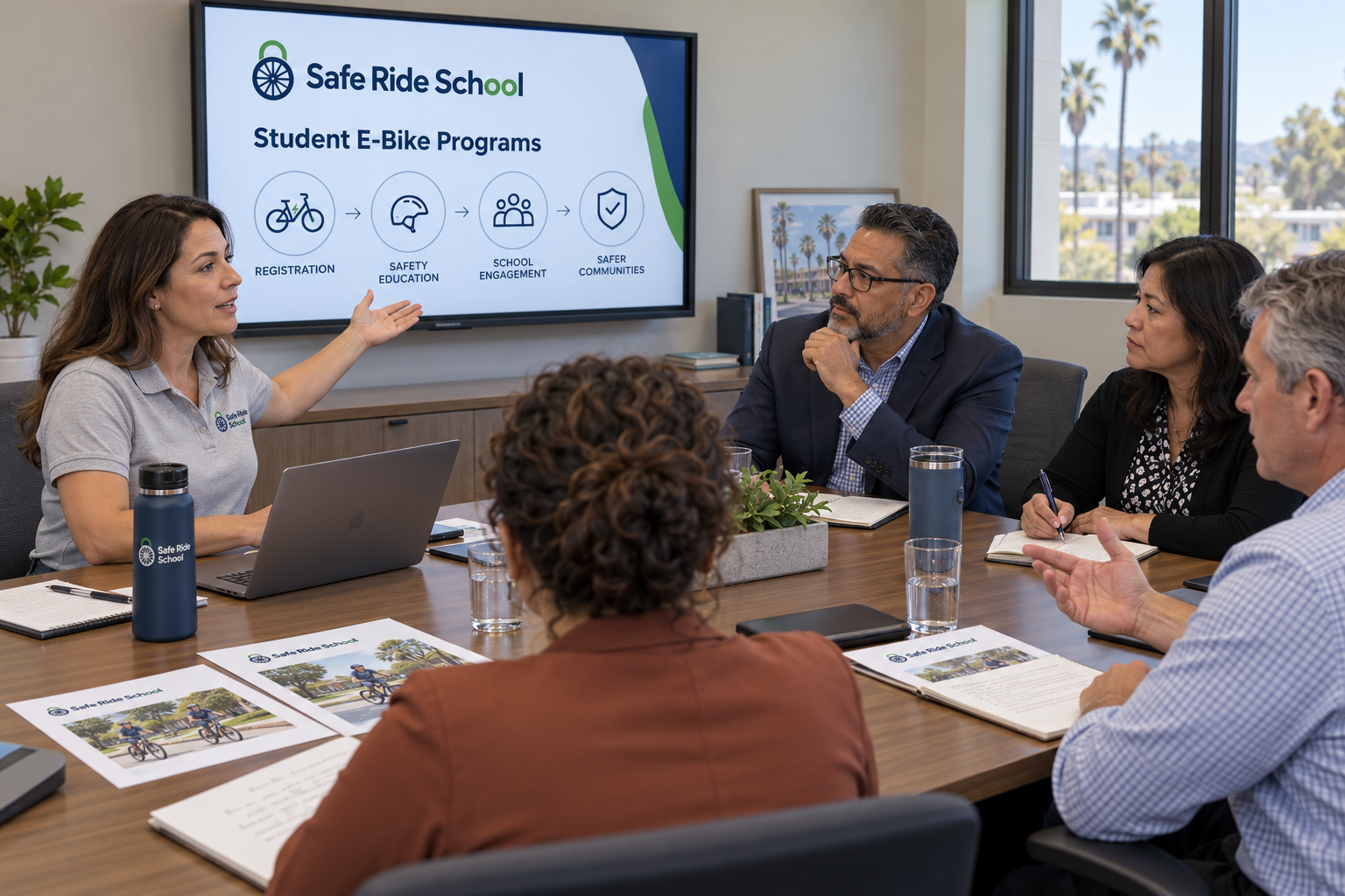 A Safe Ride School presenter walking district administrators through the student e-bike program in a conference room