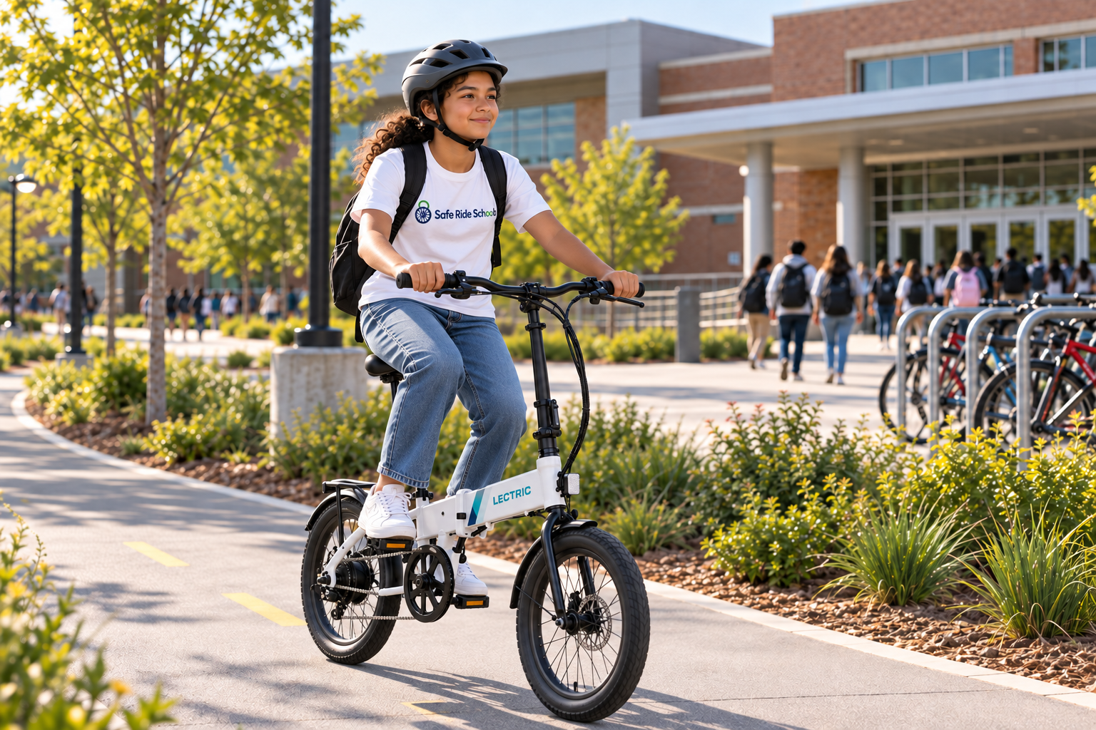 A student rides a compact e-bike with a helmet and backpack past the bike racks at school